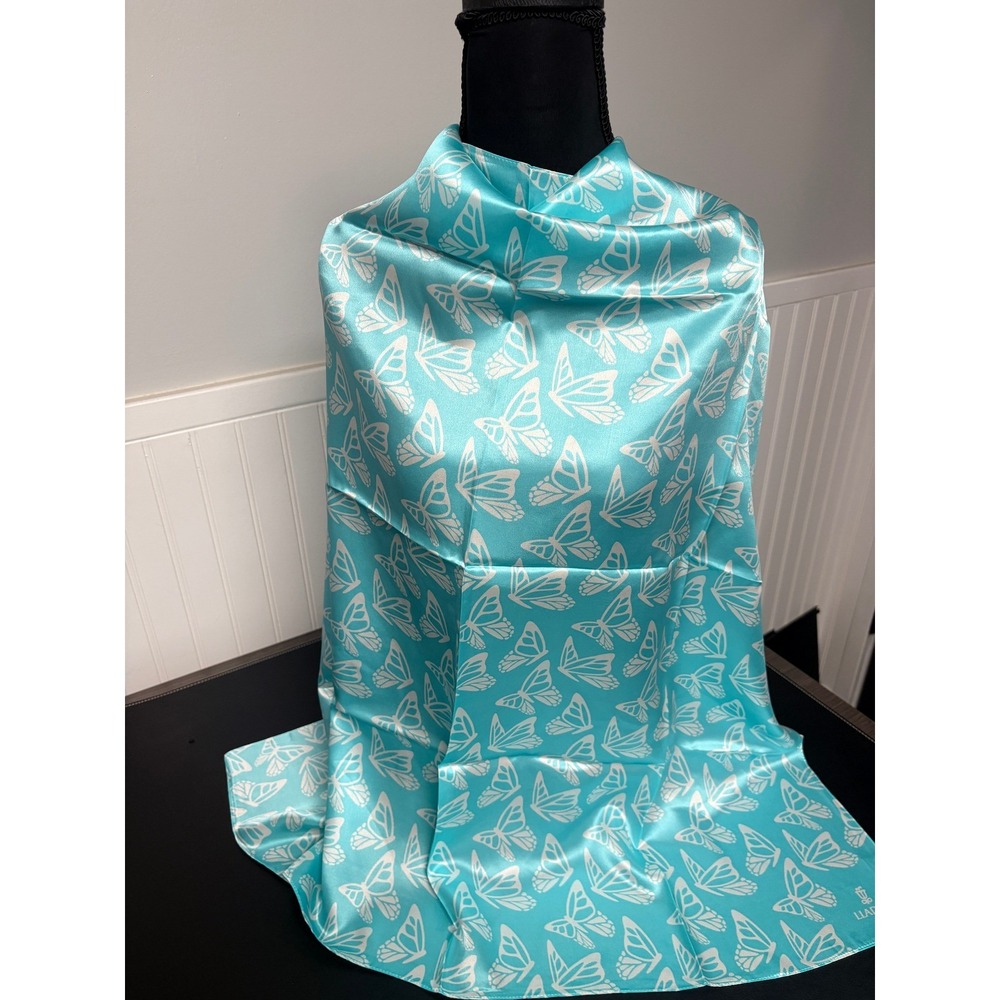 Lladro Silk Scarf Turquoise Blue White Butterfly Print Square 33x33 Luxury Scarf